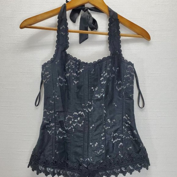 Frederick’s of Hollywood Black/Silver Shimmer Lace Up Corset 34 Bustier Halter - Picture 2 of 10